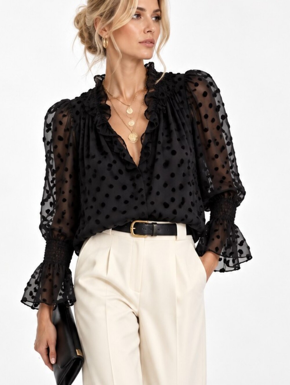 Rebecca Taylor Blouse Black Velvet Dots Sheer Long Sleeves